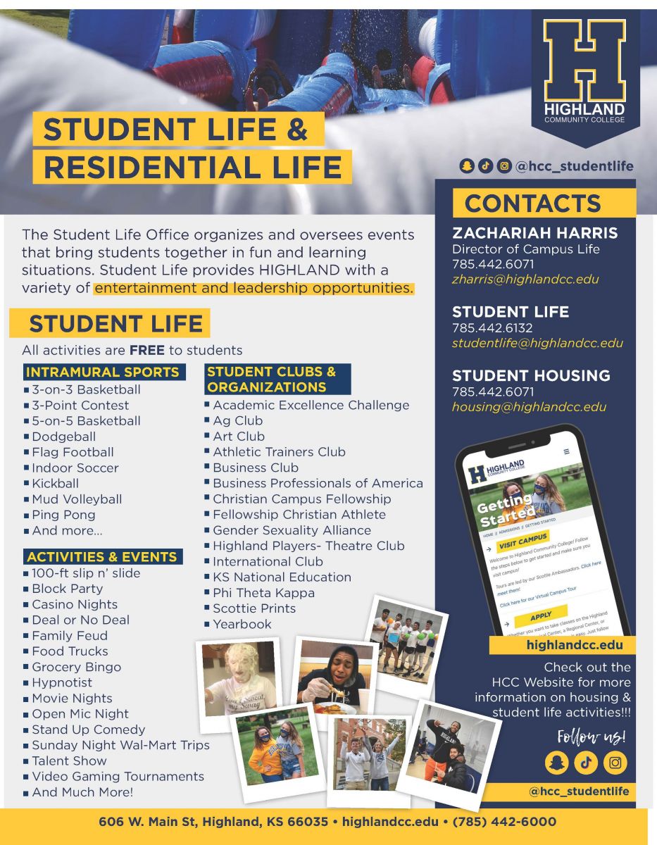 Student Life activities, events, clubs, and contact info